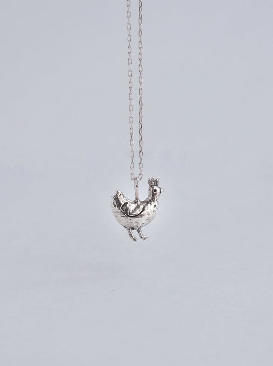 Silver chicken pendant Co-Co on chain - handmade 925 jewelry