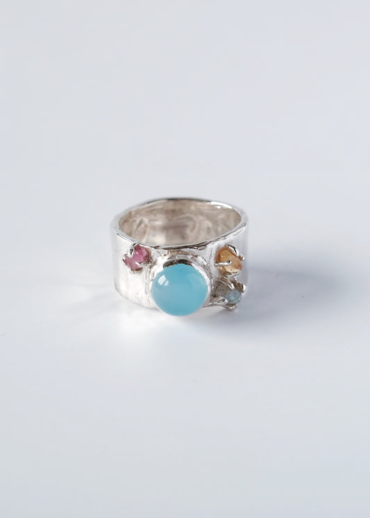 Ring with Blue Chalcedony and Tourmalines