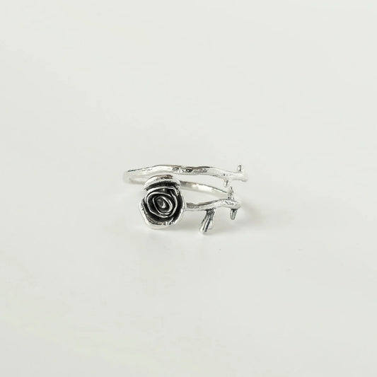 Troianda Koliucha handmade adjustable sterling silver rose ring, front view